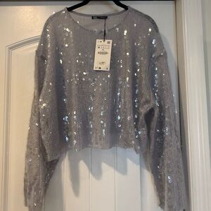 Zara Light Gray Sequin Cropped Sweater